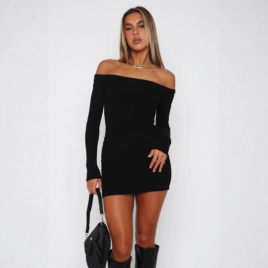 Damen Off-Shoulder Minikleid mit langen Ärmeln und taillierter Passform EB