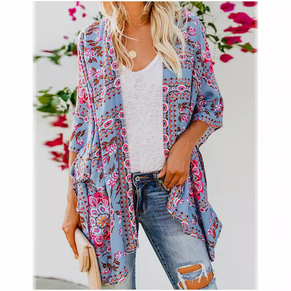 Damen luftiger Kimono mit floralem Muster und weitem Schnitt EB
