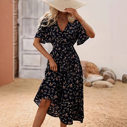 Damen Wickelkleid mit floralem Design und modischem V-Ausschnitt EB