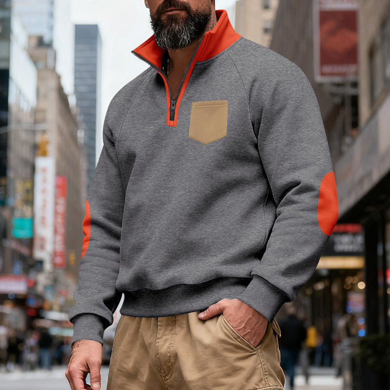 Herren nan Quarterzip-Sweatshirt mit Stehkragen, kontrastiertem Reißverschluss, Ellbogenpatches und Brusttasche EB