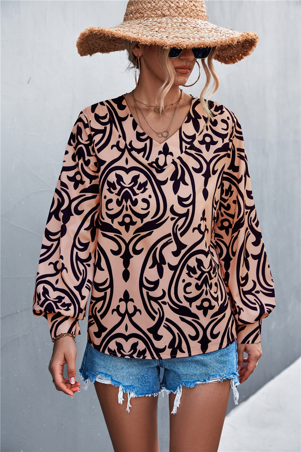 Damen Bluse mit elegantem Barockmuster und lässigen Puffärmeln EB