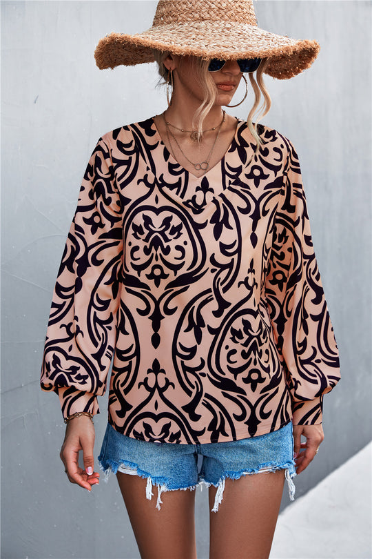 Damen Bluse mit elegantem Barockmuster und lässigen Puffärmeln EB