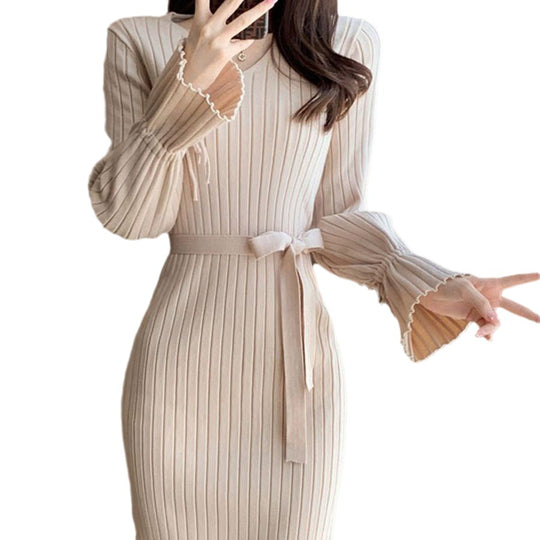Damen Figurbetontes Maxikleid mit Bindegürtel und Rippstruktur EB