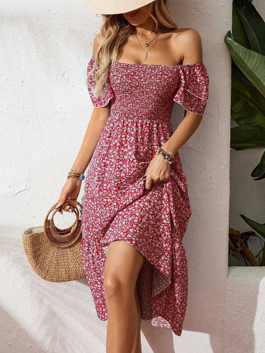Damen Off-Shoulder Maxikleid mit floralen Mustern und elastischem Oberteil EB