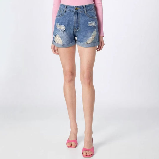 Damen Destroyed Denim-Shorts mit hohem Bund und stylischem Fransen-Look EB