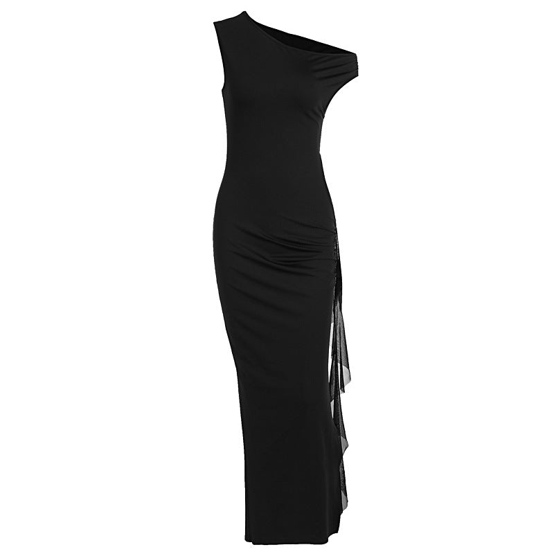 Damen elegantes Off-Shoulder Maxikleid mit hohem Schlitz und figurbetontem Schnitt EB