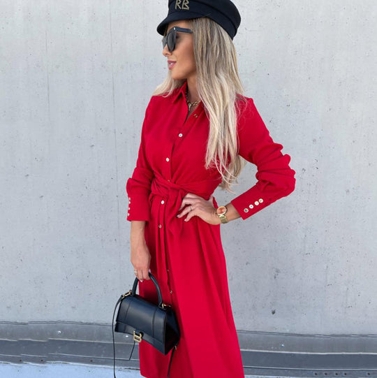 Damen Hemdblusenkleid mit Taillengürtel und seitlichem Schlitz EB