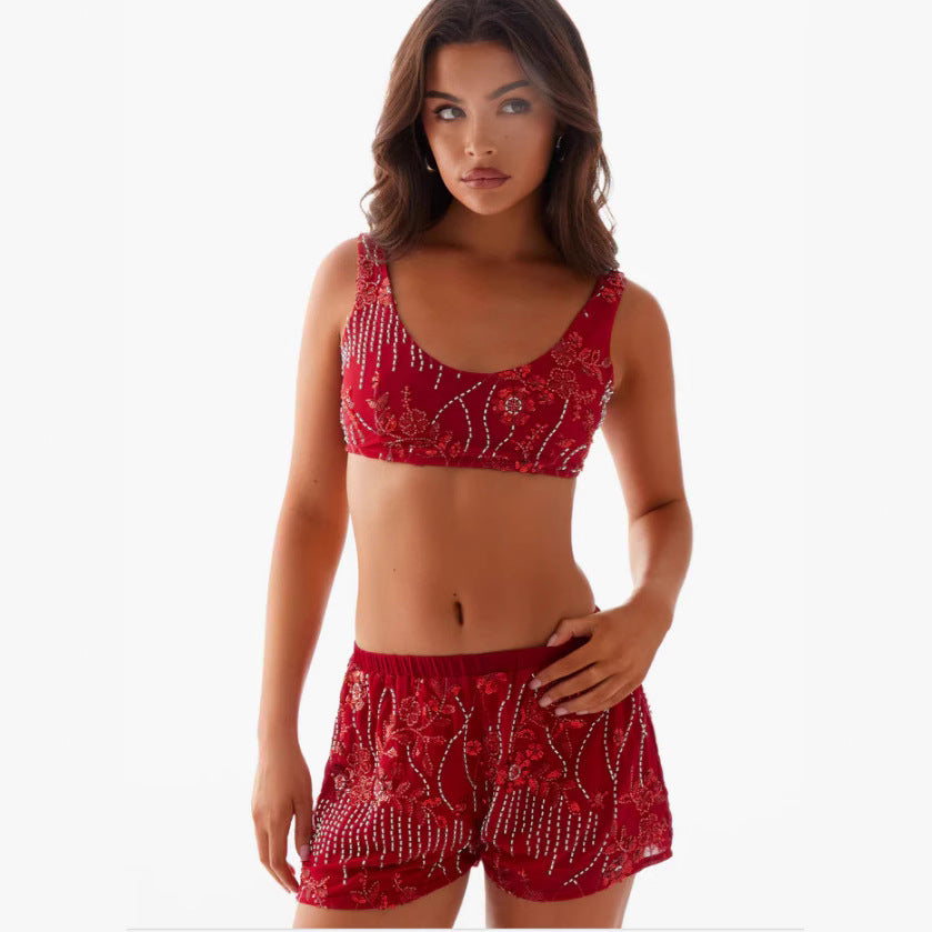 Damen Bikiniset mit glitzernden Blumendetails und figurbetonter Passform EB