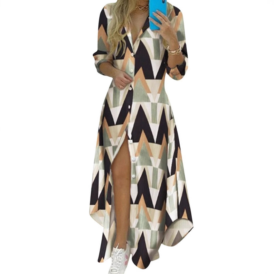 Damen nan knopfbares Maxi-Hemdkleid mit geometrischem Muster, V-Ausschnitt, Kentkragen und hohem Beinschlitz EB