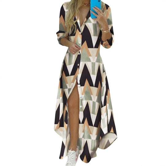 Damen nan knopfbares Maxi-Hemdkleid mit geometrischem Muster, V-Ausschnitt, Kentkragen und hohem Beinschlitz EB