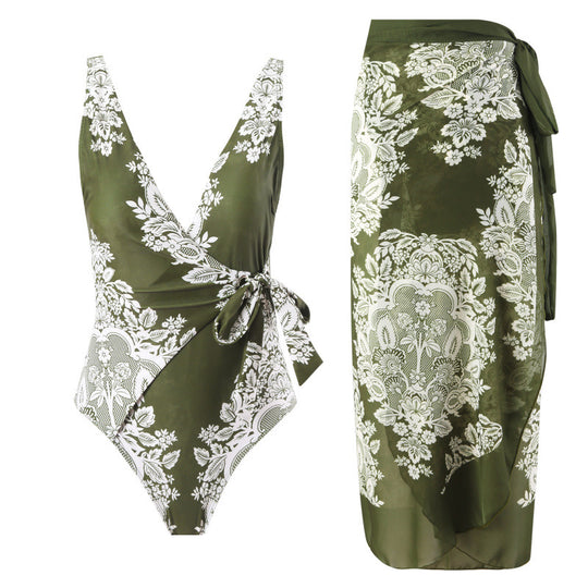 Damen Einteiler Badeanzug mit modischem Wickeldesign und floralem Muster EB