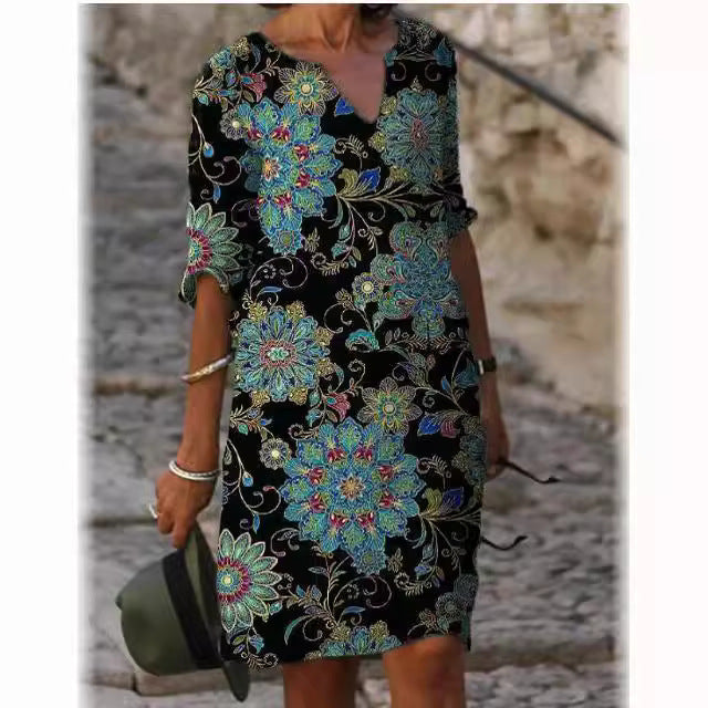 Damen luxuriöses V-Ausschnitt Kleid mit floralem Design und kurzem Ärmel EB