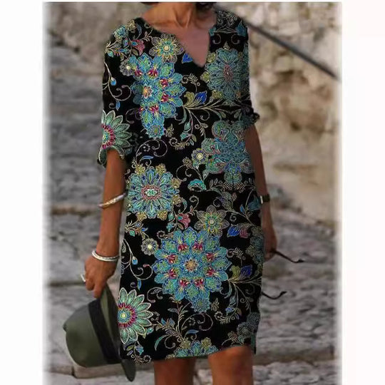 Damen luxuriöses V-Ausschnitt Kleid mit floralem Design und kurzem Ärmel EB