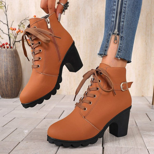 Damen nan knöchelhohe Schnür-Stiefelette mit seitlichem Reißverschluss, dekorativer Gürtelschlaufe, mittelhohem Blockabsatz und profilstarker Laufsohle EB