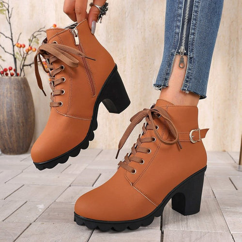 Damen nan knöchelhohe Schnür-Stiefelette mit seitlichem Reißverschluss, dekorativer Gürtelschlaufe, mittelhohem Blockabsatz und profilstarker Laufsohle EB