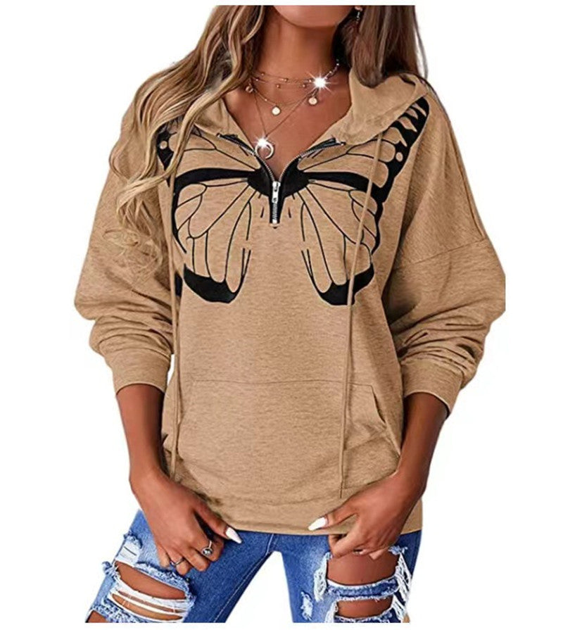 Damen lässiger Kapuzenpullover mit Schmetterlingsdruck und Halber Reißverschluss EB
