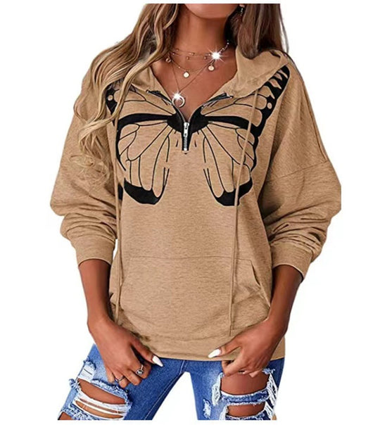 Damen lässiger Kapuzenpullover mit Schmetterlingsdruck und Halber Reißverschluss EB