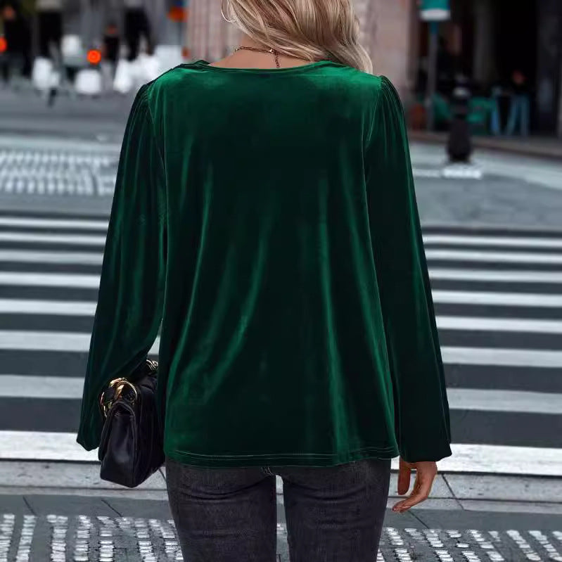 Damen elegante Bluse aus samtigem Material mit Drapé-Ausschnitt EB