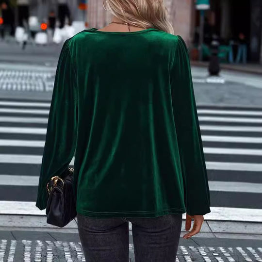 Damen elegante Bluse aus samtigem Material mit Drapé-Ausschnitt EB