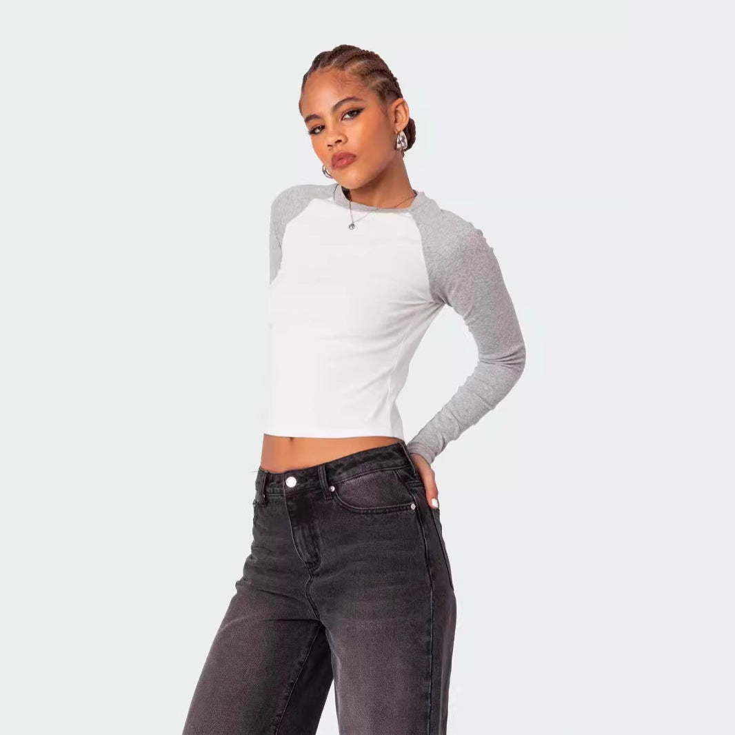 Damen Langarmshirt mit Kontrastärmeln und figurbetontem Schnitt EB