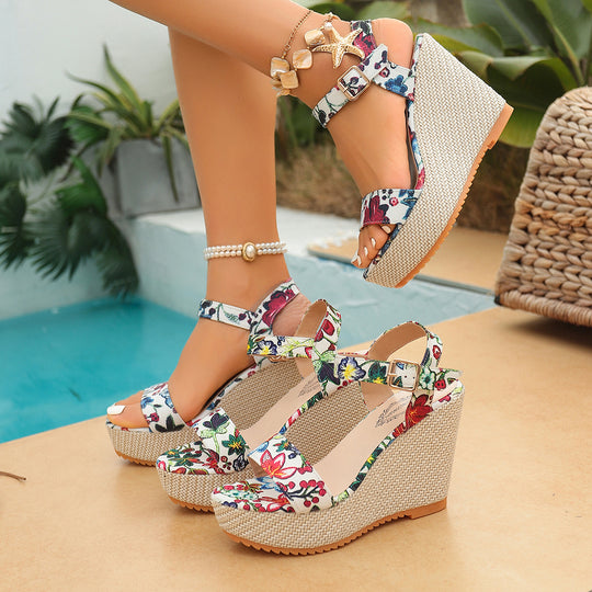 Damen Wedge-Sandalen mit floralem Design und verstellbarem Riemen EB