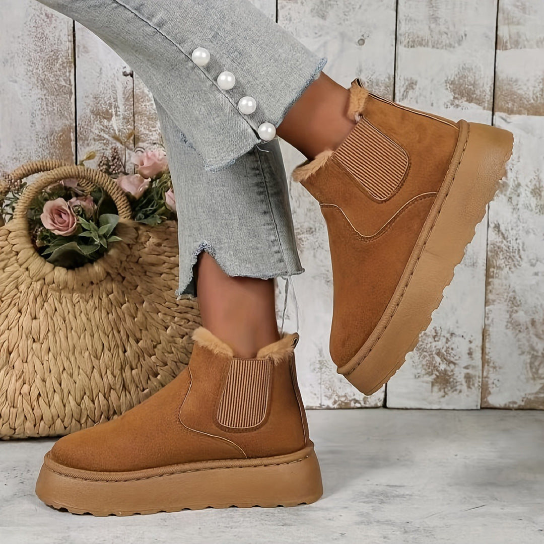 Damen gefütterte Chelsea-Stiefelette mit Keilplattform, Faux-Suede & Teddyfutter EB