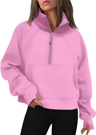 Damen nan weit geschnittenes Kurzpullover mit Stehkragen, halbem Reißverschluss und Kängurutasche EB