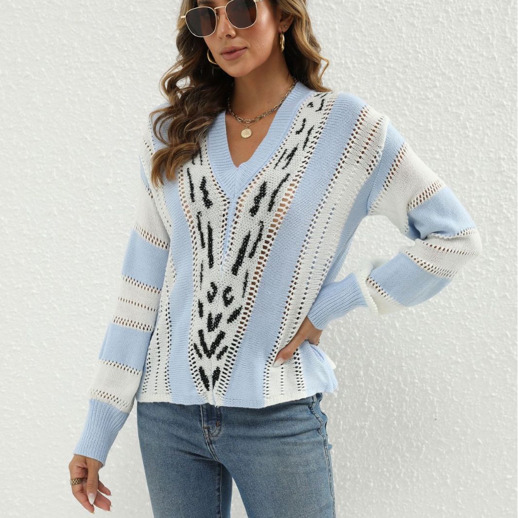 Damen Modischer V-Pullover mit strukturiertem Lochmuster und kontrastierenden Akzenten EB