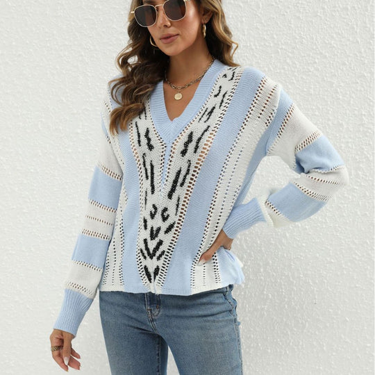 Damen Modischer V-Pullover mit strukturiertem Lochmuster und kontrastierenden Akzenten EB