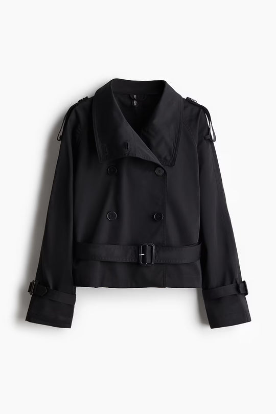 Damen Eleganter Kurz-Trenchcoat mit doppelter Knopfleiste und Taillengürtel EB