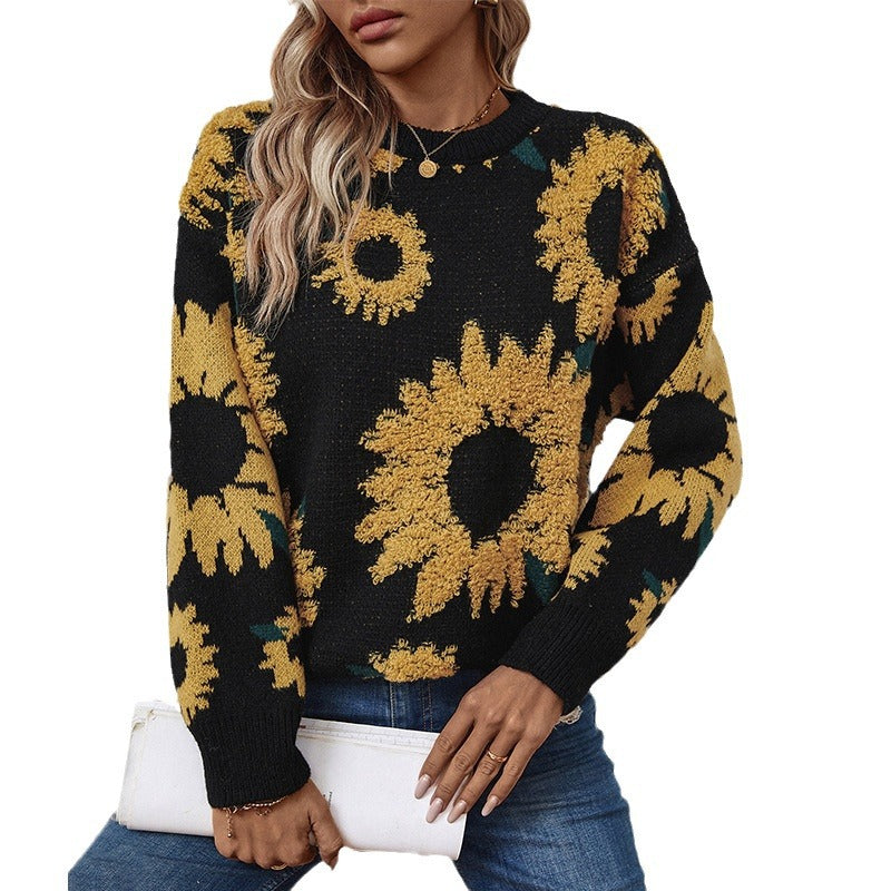 Damen kuscheliger Pullover mit Sonnenblumenmotiv EB