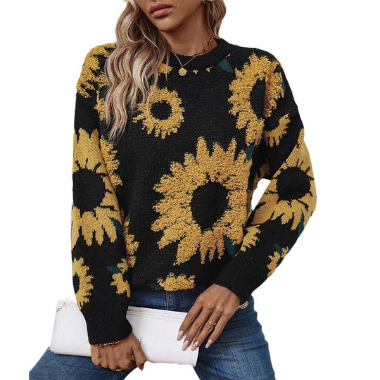 Damen kuscheliger Pullover mit Sonnenblumenmotiv EB
