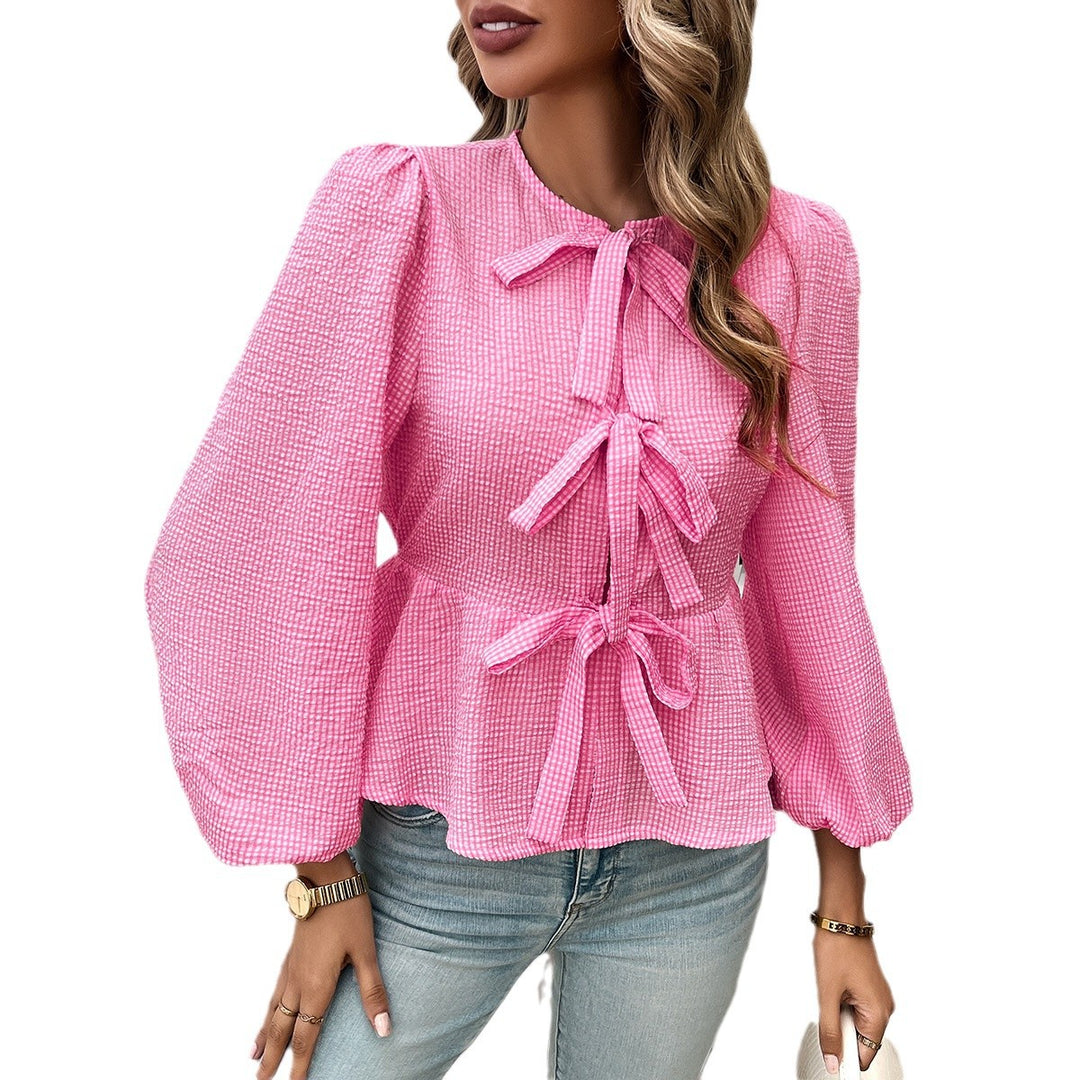 Damen nan geraffte Vichy-Bluse mit dekorativen Schleifenverschlüssen und Ballonärmeln EB