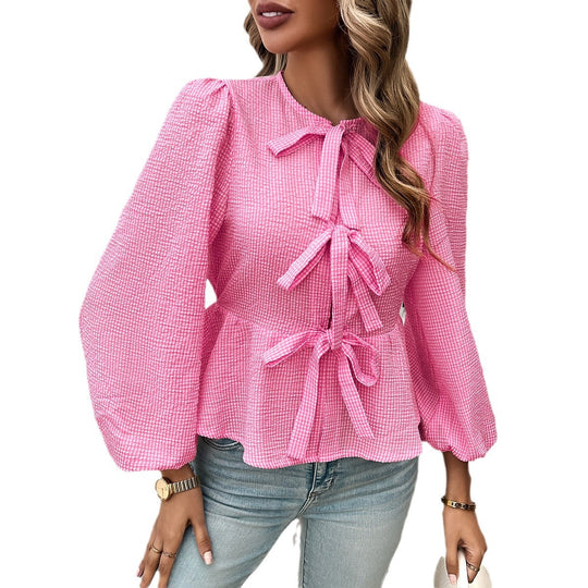 Damen nan geraffte Vichy-Bluse mit dekorativen Schleifenverschlüssen und Ballonärmeln EB
