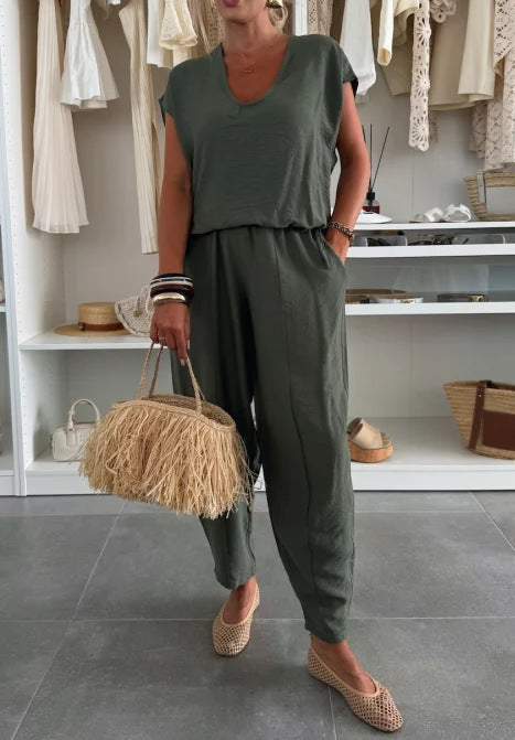 Damen lässiger Jumpsuit mit elastischem Bund und praktischen Taschen EB