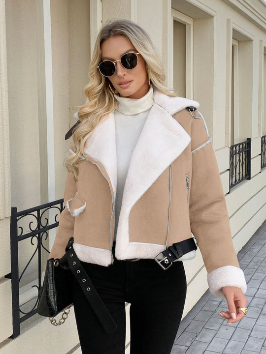 Damen modische jacke mit Kunstfellkragen und Gürtel EB