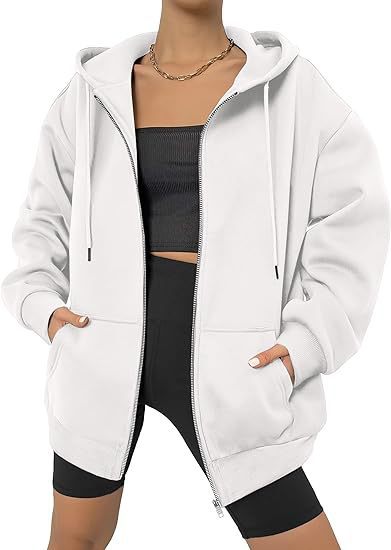 Damen nan oversized Zip-Kapuzenjacke mit kontrastierendem Reißverschluss, doppellagiger Kapuze und Kängurutasche EB