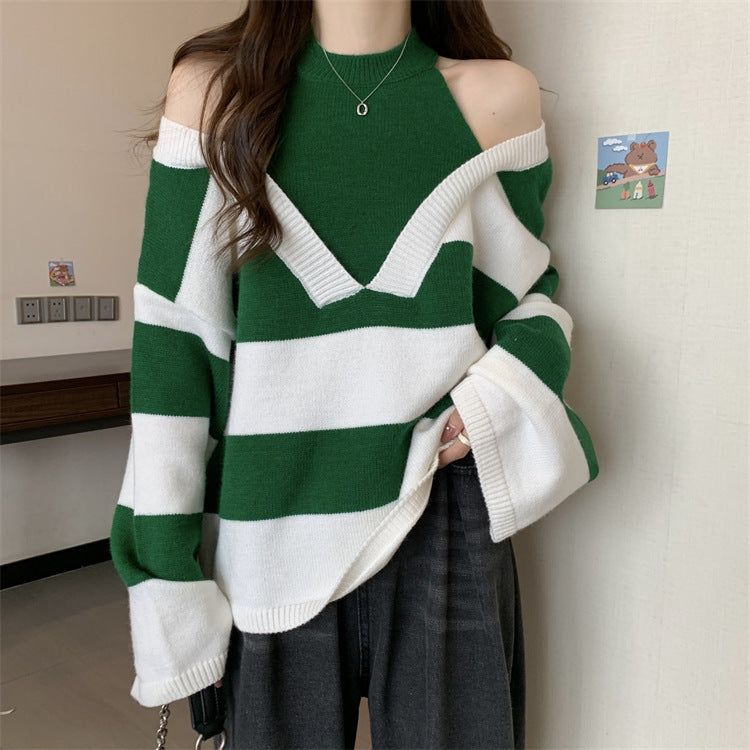 Damen V-Ausschnitt Oversized-Pullover mit modischem Streifenmuster und offenem Schulterdesign EB