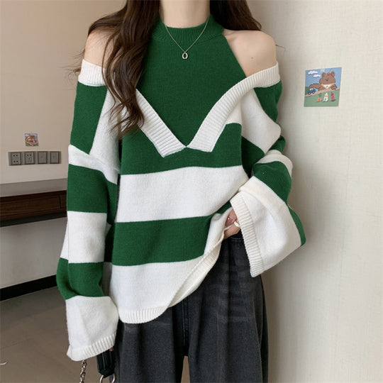 Damen V-Ausschnitt Oversized-Pullover mit modischem Streifenmuster und offenem Schulterdesign EB