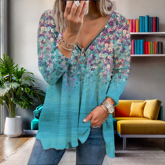 Damen Langarmshirt mit farbenfrohem Blütenmuster und modernem Zipper EB