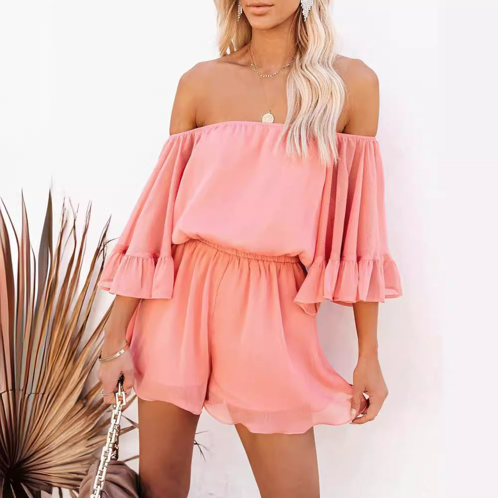 Damen Off-Shoulder Jumpsuit mit voluminösen Rüschensleeves EB