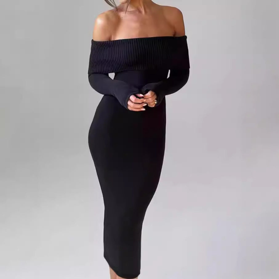 Damen Figurbetontes Off-Shoulder Maxikleid mit langen Ärmeln EB