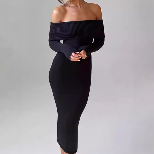Damen Figurbetontes Off-Shoulder Maxikleid mit langen Ärmeln EB