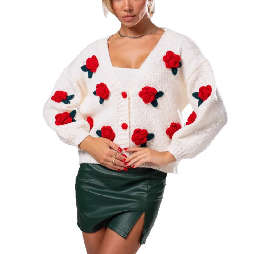 Damen Geblümter Strick-Cardigan mit 3D-Blumenapplikationen und V-Ausschnitt EB