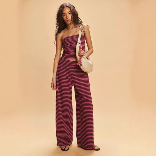 Damen lässiges Loungewear-Set mit geripptem Oberteil und weiten Hosen EB