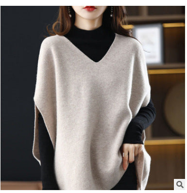 Damen Strickponcho mit V-Ausschnitt und eleganter Silhouette EB