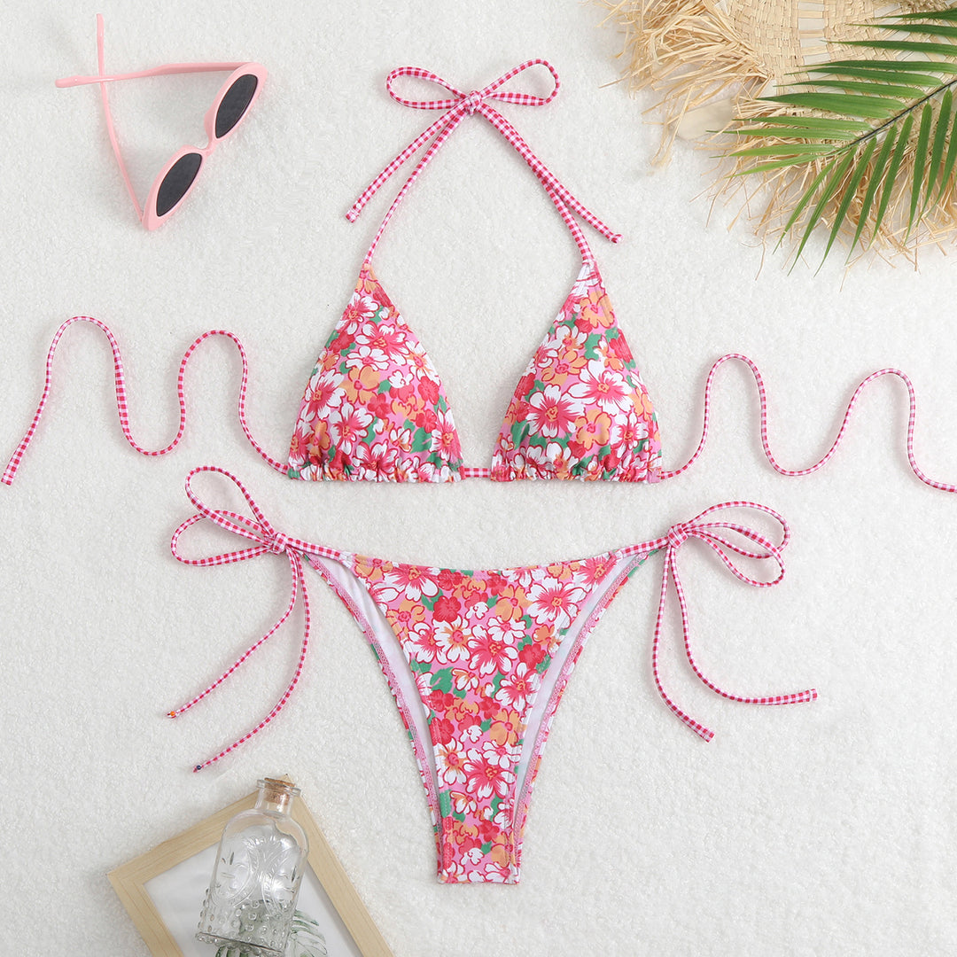 Damen Triangel-Bikini-Set mit verspieltem Blumenmuster und feinen Bindebändern EB