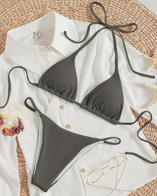 Damen Triangel-Bikini mit feinem Rippstruktur und verspielten Bindebändern EB