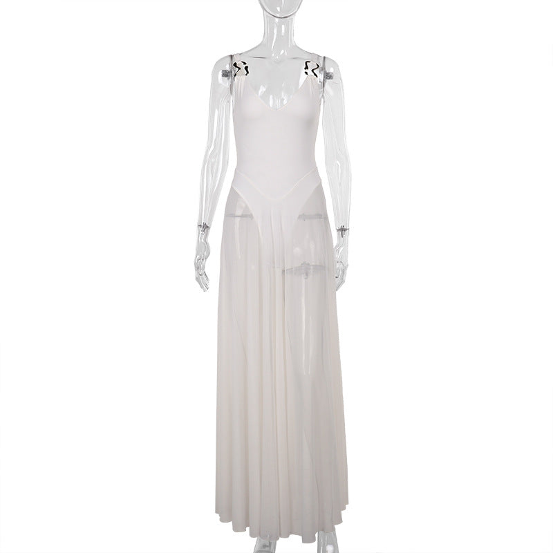 Damen Stilvolles Maxikleid mit transparentem Rock und elegantem V-Ausschnitt EB