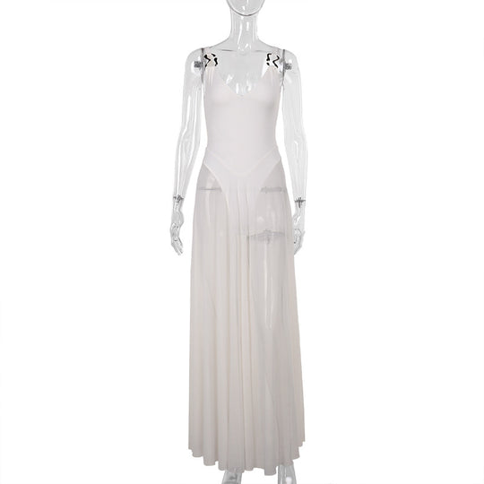 Damen Stilvolles Maxikleid mit transparentem Rock und elegantem V-Ausschnitt EB